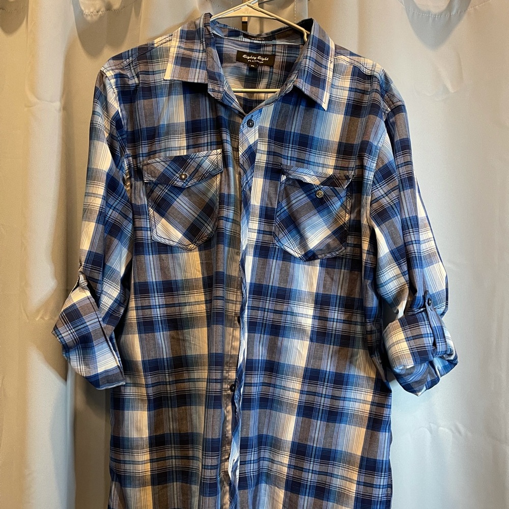 Men’s Blue Plaid Casual Dress Shirt